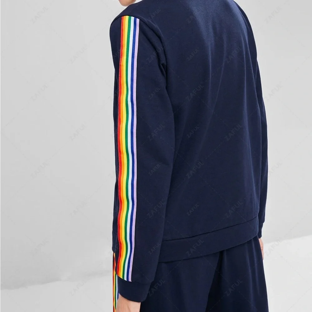 Navy Blue Pullover Sweatshirt with Rainbow Striped Ribbon Panels on the Arms NWT - Picture 4 of 14